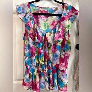 Pleione Floral Ruffle Tie-Front Blouse in Fuchsia, Turquoise, Lime & Ivory